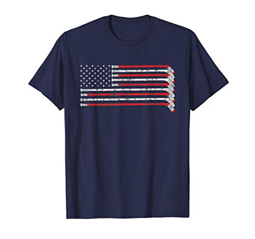 Hockey Stick USA Flag Faded Hockey Player T-shirt