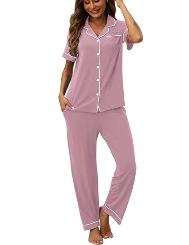 Image of HNG Women Pajamas Set 2 Piece Button Up Pajamas Pant and Short Sleeve Shirt for Woman Pj Sets with Pocket