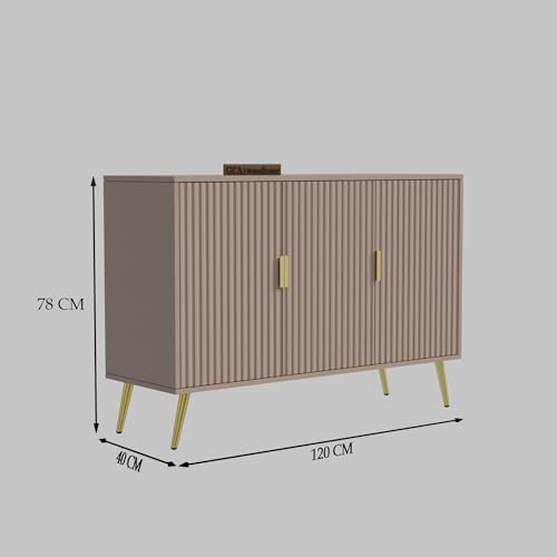 Image of Wooden Sideboard Cabinet for Living Room | Side Board with 3 Doors Cabinet Storage for Dining, Drawing and Home Office | HDMR Premium Wood & Iron, Taupe & Golden