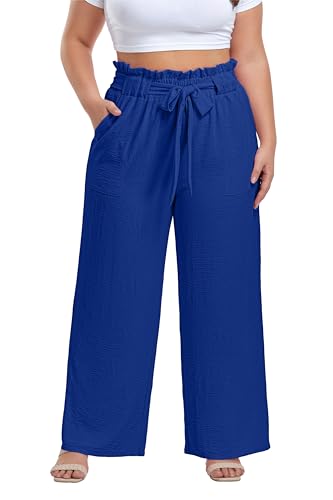 Image of OLRIK Women's Plus Size Pants Adjustable High Waisted Wide Leg Palazzo Pants Casual Trousers with Pockets Spring Clothes