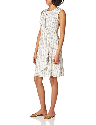 chinese dress ladies Calvin Klein Women's Sleeveless Dress with Side Pleated Ruffle,  White/Black, 2 at Amazon Women's Clothing store