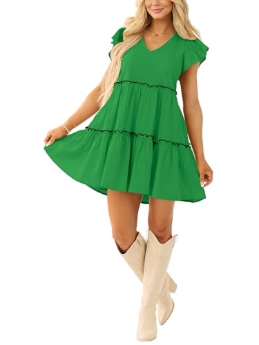 Image of Women's Summer Babydoll Mini Dress V Neck Tie Back Ruffle Sleeve Casual Tiered Loose Flowy Swing Tunic Shift Dress