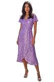 Roman Frill Dress for Women UK Ladies Summer Wrap Chiffon Frill Hem Layered Belted Midi Maxi Tiered Cape Special Occasion Fit & Flare Wedding Guest Swing Skater Purple