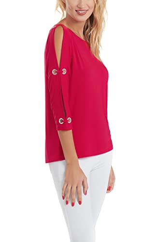 Image of Cable & Gauge Womens 3 /4 Dolman Sleeve Boatneck Cold Shoulder Top with Grommet Detail