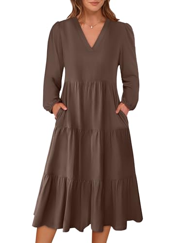 Image of ANRABESS Women's Long Lantern Sleeve Floral Midi Dresses 2026 Fall V Neck Casual Flowy A-line Tiered Boho Vacation Dress