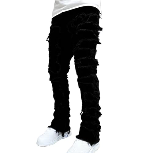 Men's Fashion Stretch Jeans Patchwork Frayed Hem Spring Streetwear Y2k Hip Hop Jeans