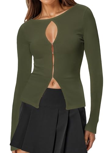 Image of Ribbed Long Sleeve Tops for Women Cut Out Ribbed Knit Crewneck Sweater Fall Slim Fit Going Out Top