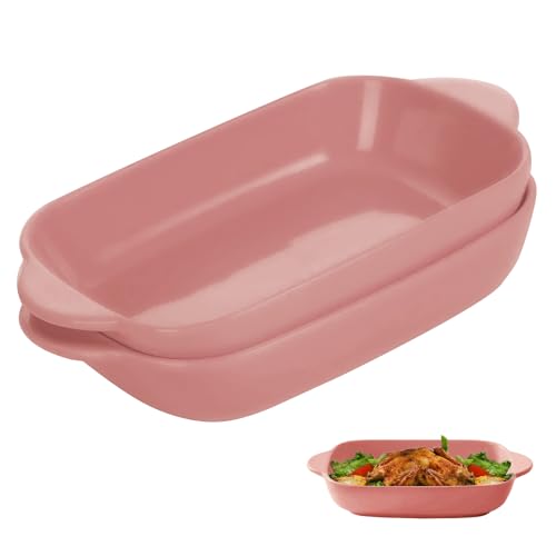 Fuente de cerámica para horno (2 unidades, forma de lasaña, rectangulares, 22,2 x 13,5 x 4,5 cm, esmaltada de colores, para lasaña, hornear, comida gourmet, resistente al calor), color rosa