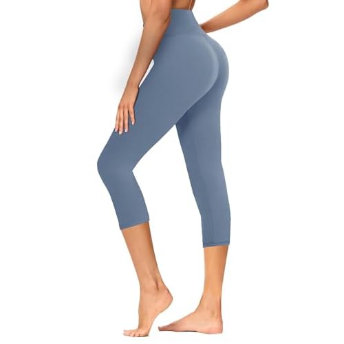GAYHAY High Waisted Capri Leggings for Women - Soft Slim Yoga Pants for Running Cycling Workout No Pockets Small-Medium B-morandi Blue