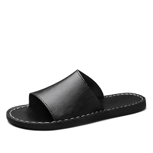 Forevercan Men'S Genuine Leather Flat Slides Sandals Fashion Round Open Toe Slip On Soft Bottom Men Beach Sandals Summer Beach Parties Prom Leisure Slippers (Black,9)
