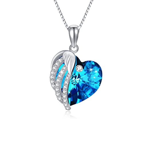 Angel Wing Heart Necklace 925 Sterling Silver Guardian Angel Wings Crystal Pendant Necklace Dainty Austrian crystal Heart Necklace Jewelry for Women Gifts