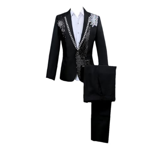 Trajes para hombre, para boda, fiesta, lentejuelas, vestido, traje de patchwork, chaqueta y pantalones, conjunto de 2 piezas, Negro, M