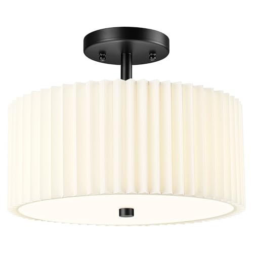 Image of Semi Flush Mount Ceiling Light, 3-Light 12.5 inch Matte Black Ceiling Light Fixture with White Pleated Fabric Shade, Drum Lamp for Nursery Hallway Bedroom Kitchen, AD-25036-3SF-BK