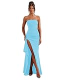 Strapless Chiffon Prom Dress with Slit Long Corset Mermaid Evening Dresses Ruched Formal Party Gown Blue