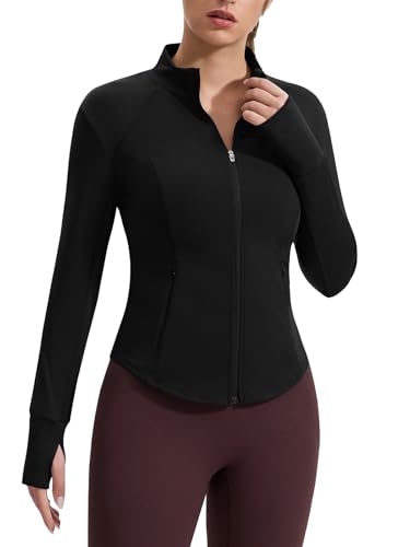 Womens Running Jackets Long Sleeve Gym Tops Zip Sport Jackets Fitness Breathable Yoga Cropped Tops with Thumb Holes