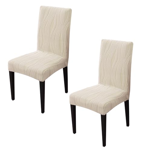 Image of HOKIPO 200 GSM Premium Knitting Jacquard Elastic Dining Table Chair Cover Set of 2, 'Nestiva Series' Skimmed Cream (AR-6072-CRM)