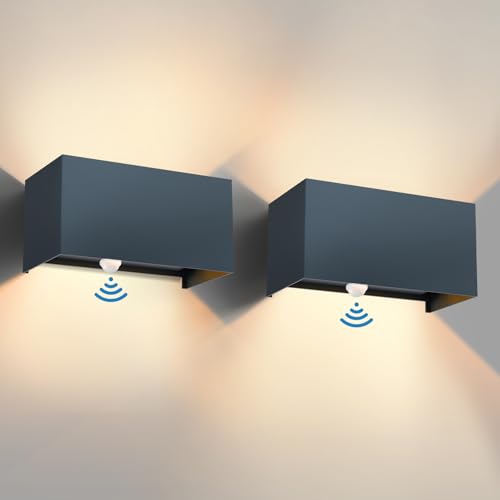 Preisvergleich Produktbild vatato 24W Außenwandleuchte mit Bewegungsmelder, IP65,3000K Warmweiß LED Wandleuchte Außen / Innen Aluminium, Einstellbarer Lichtstrahl außenlampe mit bewegungsmelder für Flur / Weg (Anthrazit 2 Stück)