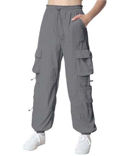 Image of EXARUS Girls Parachute Pants Cargo Hip Hop Wide Leg Baggy Y2K Teen | Tween Casual School Dance Streetwear with Pockets Elastic Waist Youth Junior Kids Bottoms Hiking 8-14Y