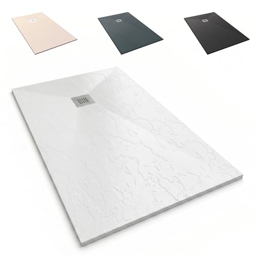 NEBADOON | Plato de Ducha de Modelo Roma II – Plato Ducha Resina con Textura Pizarra - Antideslizante y Antibacteriano – Blanco (RAL 9003) 70x70 cm – Incluye Válvula Desagüe y Rejilla
