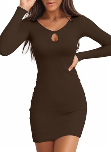 Image of Valiamcep Women's Long Sleeve Dress Crewneck Bodycon Dresses Ribbed Knit Slim Fit Casual Mini Dress