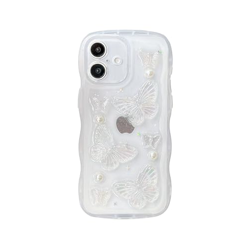 Coque iPhone 16 papillon 3D transparente et perle chic pour femme