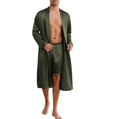 ZUEVI Men's Kimono Robe Set Silk Satin Long Sleeve Bathrobe with Shorts 2 PCS Sleepwear Pjs Sets