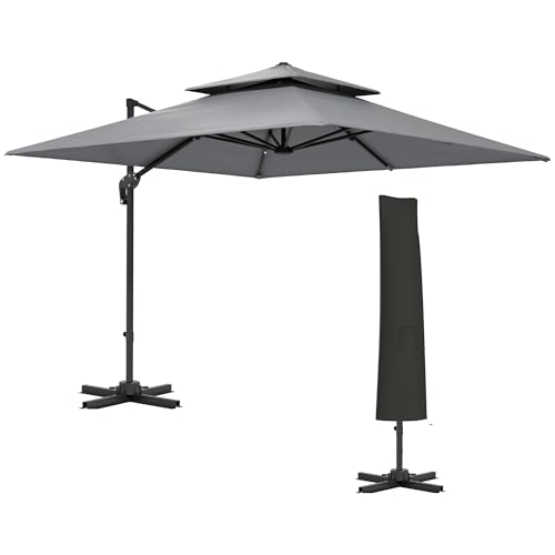 Image of Outsunny 3 x 3(m) Cantilever Parasol with Aluminium Frame, Crank and Tilt, 360-Degree Rotation, Double Top Garden Umbrella with Cover (Only Cross Base), Light Grey