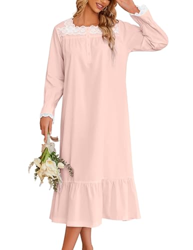 Ekouaer Victorian Nightgown 100% Cotton Long Sleeve Vintage Old Fashioned Gown for Women, Light Pink, Medium