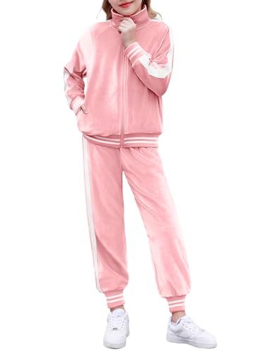 Zaclotre Girls' Clothing Sets Velour Sweatsuits Zipper Up Sweatshirt and Sweatpants Kids Fall Fashion Outfits Pink 8-9Y