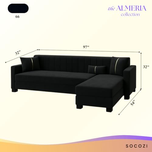 Image of SOCOZI Almeria 5 Seater RHS L Shape Sofa Set | Soft Velvet Suede Fabric | Modern Design | Plush Comfort Cushions for Living Room (Black)