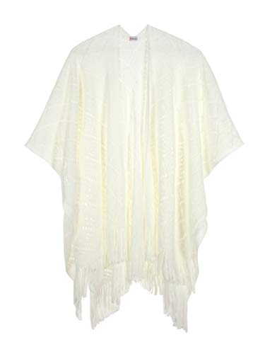 Knit Shawl Wrap for Women - Soul Young Ladies Fringe Knitted Poncho Cardigan Cape(One Size,Cream White Block)