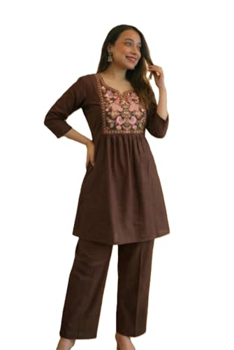 Image of Women's Rayon Embroidered Kurti with Pant Set | Floral Yoke Design | 3 /4 Sleeve Ethnic Co-Ord Set | Regular Fit Traditional Outfit
