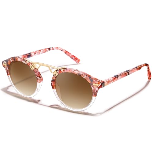 Image of CARFIA Small Face Acetate Polarized Sunglasses for Women UV Protection, Retro Double Bridge Eyewears Metal Brow Round Sunnies