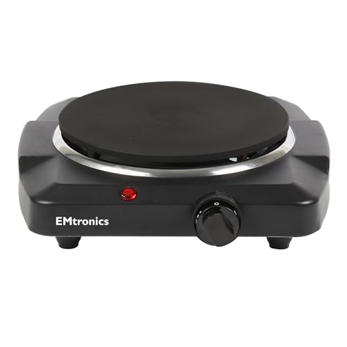 EMtronics 1500W Portable Hob, Hotplate and Thermostat Control, Mini Hot Plate Stove, Adjustable Temperature 185mm - Black