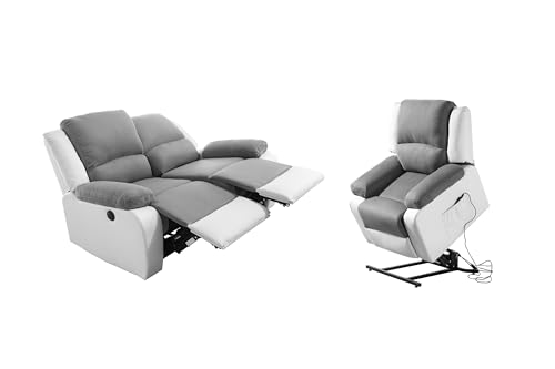 Loungitude - DETENTE - Canapé de Relaxation, Ensemble 2 +L1 Places - Electrique - en Simili/Microfibre - Gris/Blanc