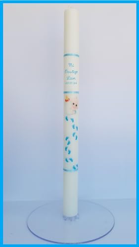 VELA DE BAUTIZO DECORADA CON BEBÉ BIBERÓN. MEDIDA 3 x 40 CM (PERSONALIZADA)