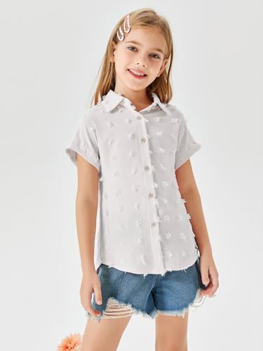 Image of Haloumoning Girls Button Down Shirts Short Sleeve Kids Casual Chiffon Blouse Summer Tops T-Shirt