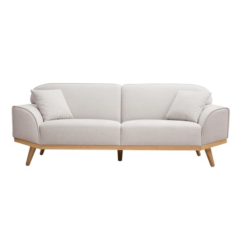 Miliboo FREEMA - Sofá escandinavo de 3 plazas (tejido aterciopelado texturizado, color beige y madera clara)