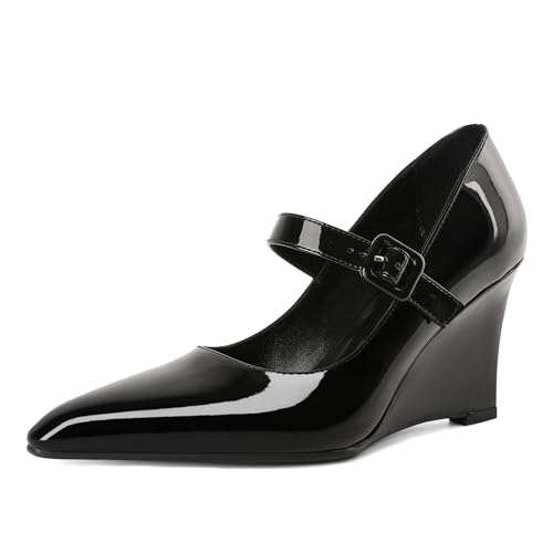 Joseywade Womens Mary Jane Heels Wedge Pumps Closed Toe High Heels Adjustable Ankle Strap Shoes