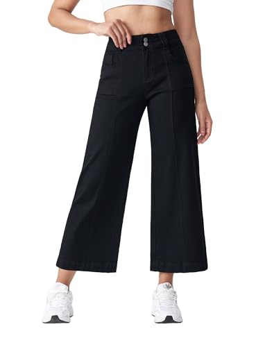 Women's Wide Leg Petite Jeans High Waisted Stretchy Cropped Denim Pants