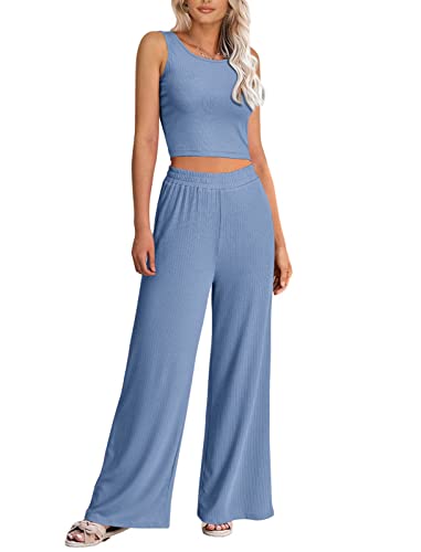 Btfbm Women Summer 2023 Two Piece Casual Outfits Lounge Set Ribbed Knit Bodycon Crop Top Long Pants Tracksuits Sweatsuit(Sleeveless Blue, Small) #TOP23