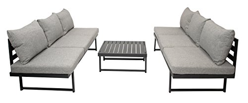 Loungeset Bogota Aus Aluminium – 2 Sofas Mit Liegefunktion + Tisch, Grau Mit Hellgrauen Polstern