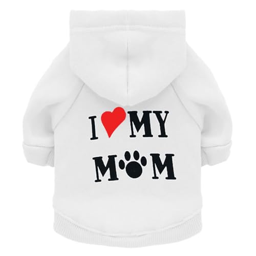 Izefia Dog Hoodie Clothes I Love My Mom Fleece Sweater Winter Sweat Shirt Warm Cotton Hoodies for Small Dogs Cat Mum White XL