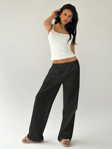 Womens Classic Casual Pants Plain Low Waist Straight Leg Pants4