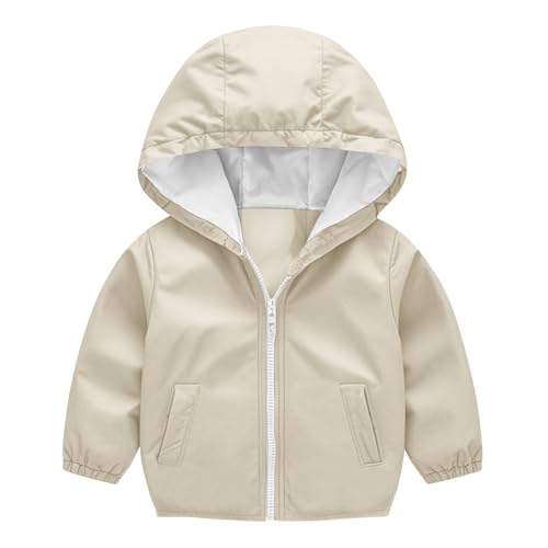 Boys Girls Waterproof Hooded Rain Jackets 2025 Fashion Lightweight Breathable Raincoat For Kids Windbreaker Coat Beige rain jackets for kids Size 3-4