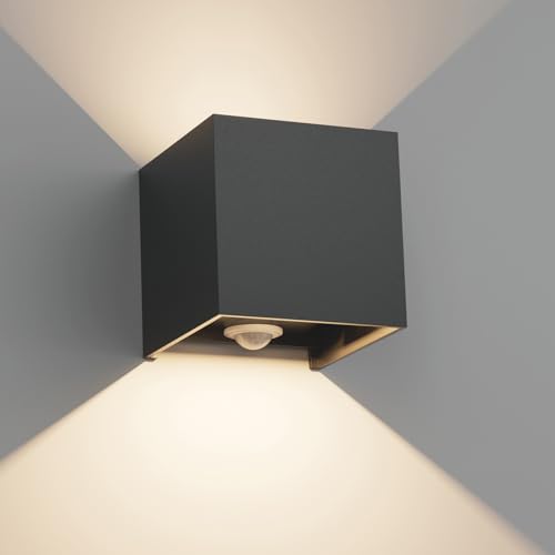Klighten 12W Aussenlampe Außenlampe mit Bewegungsmelder,Außenwandleuchte mit bewegungsmelder Einstellbarer Lichtstrahl,LED Wandleuchte Up Down Außen/Innen für Garten,IP65,Naturweiß 4000K,Schwarz