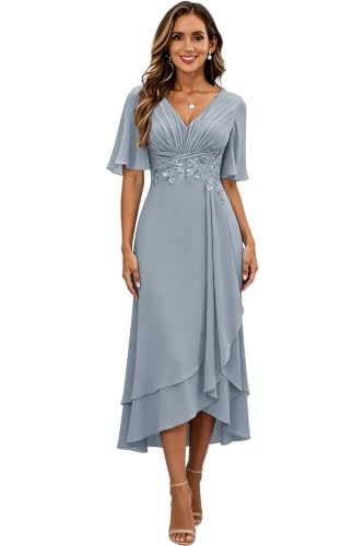 Image of Lace Applique Mother of Bride Dresses Chiffon Mother of the Groom Dresses Tea Length Formal Evening Dress with Sleeve