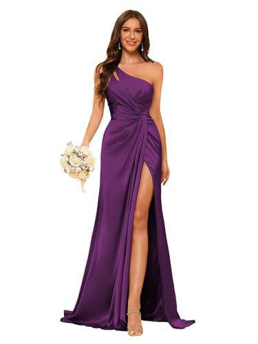 Image of vintys Women's One Shoulder Ruched Bridesmaid Dresses Long with Slit Satin Formal Prom Dress VS117