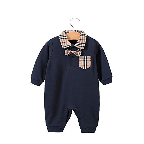 Image of daimengmeng Baby Boys Romper Overalls Short Sleeve Polo Cotton Outfits Infant Clothes Navy Plaid Pocket 3-6 Months/66