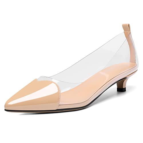YODEKS Women Clear Heels Low Kitten Heel Pumps Slip On 1.5 Inch Pointed Cap Toe Dress Shoes